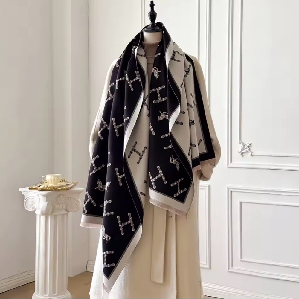 NWOT Elegant Black and White Scarf with Monogram Design